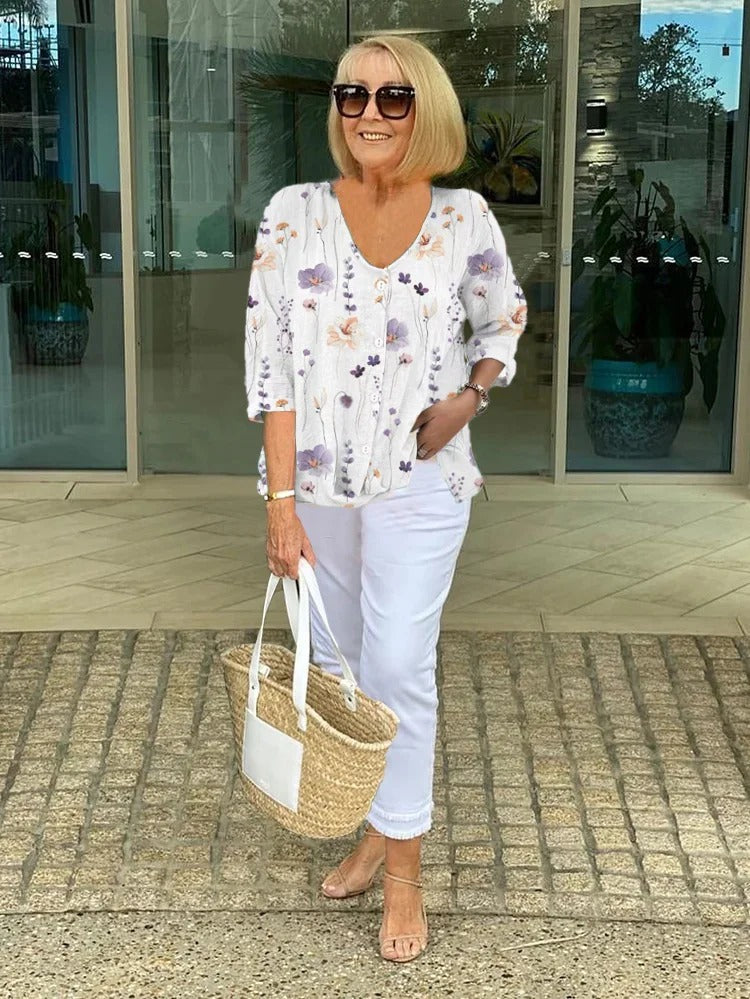 Bella | Floral Top in Cotton and Linen