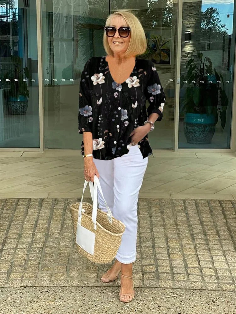 Bella | Floral Top in Cotton and Linen