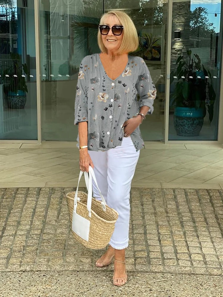 Bella | Floral Top in Cotton and Linen