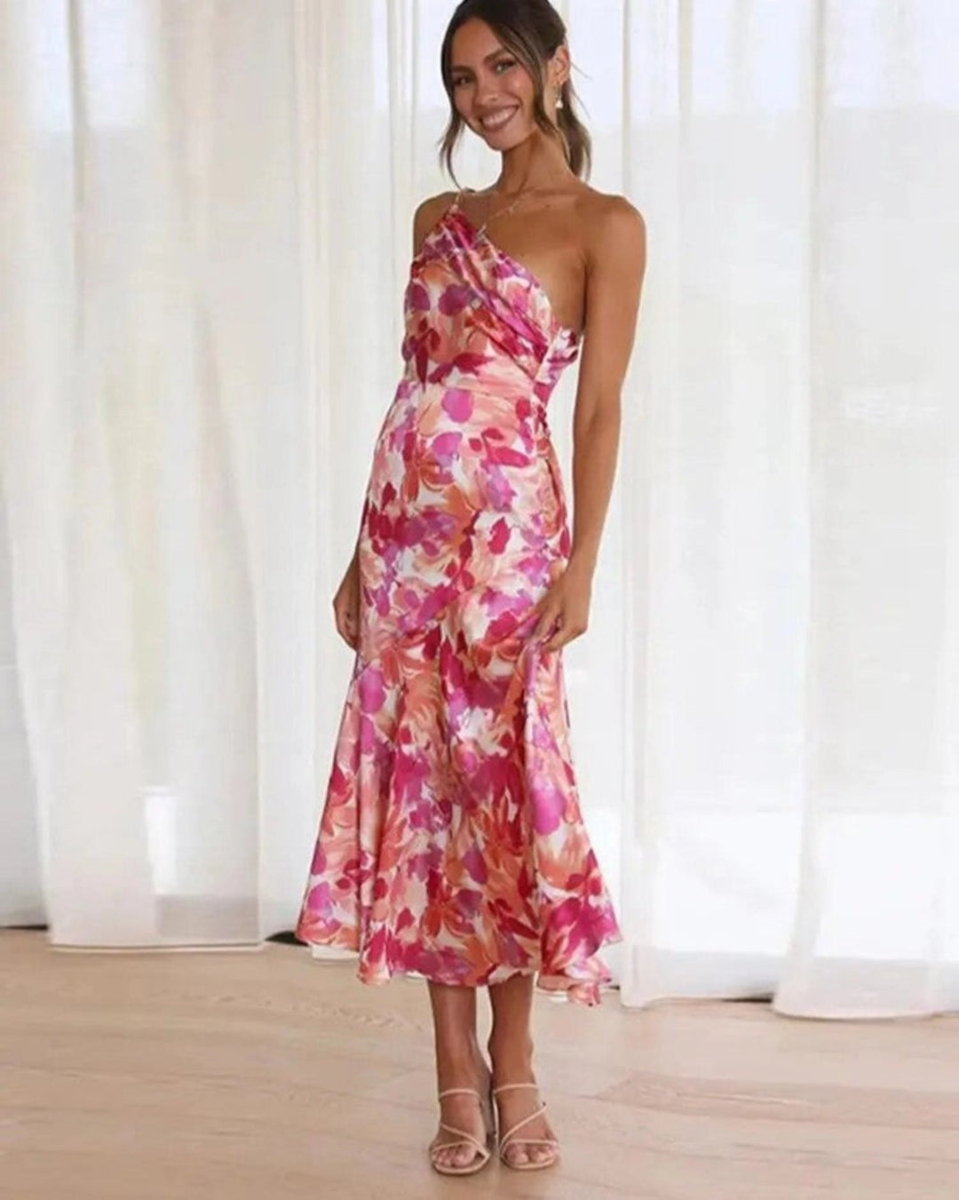 Britanny - Asymmetric maxi dress with floral pattern for women