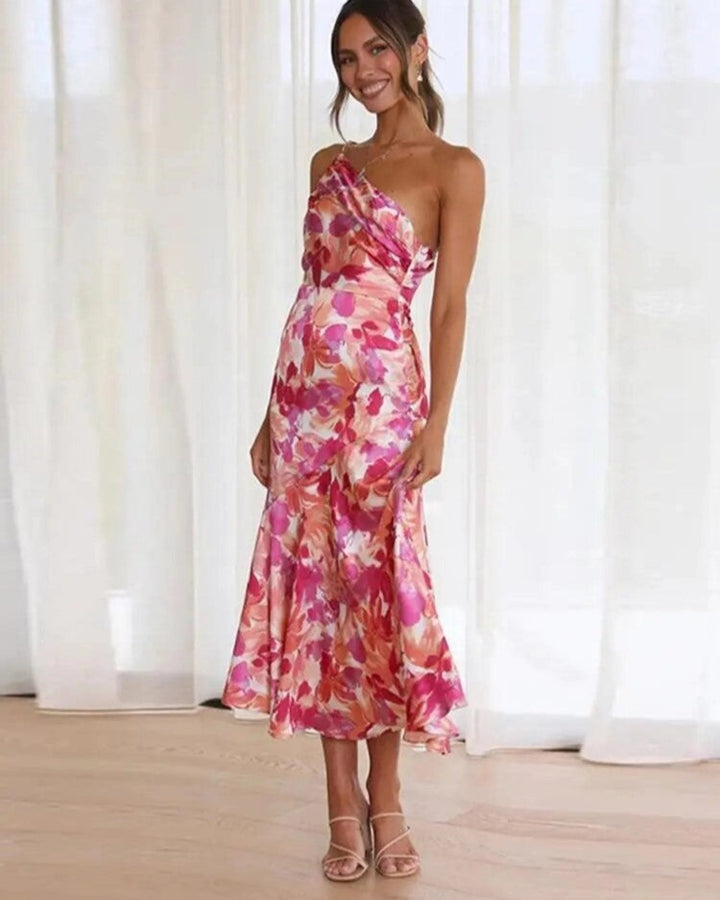 Britanny - Asymmetric maxi dress with floral pattern for women