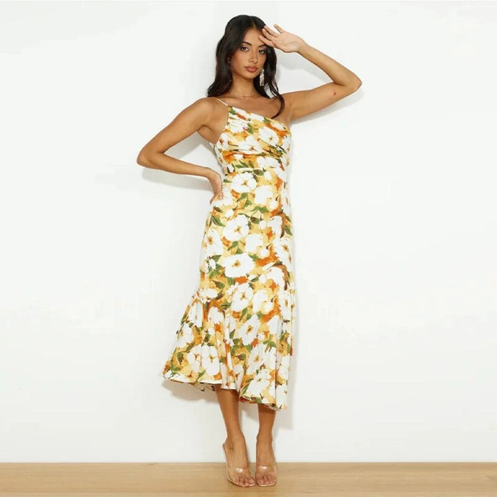 Britanny - Asymmetric maxi dress with floral pattern for women