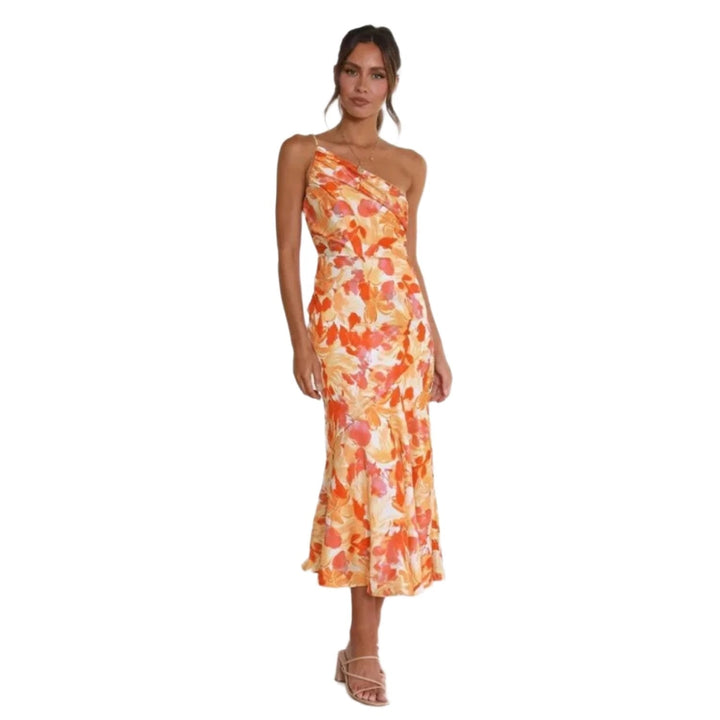 Britanny - Asymmetric maxi dress with floral pattern for women