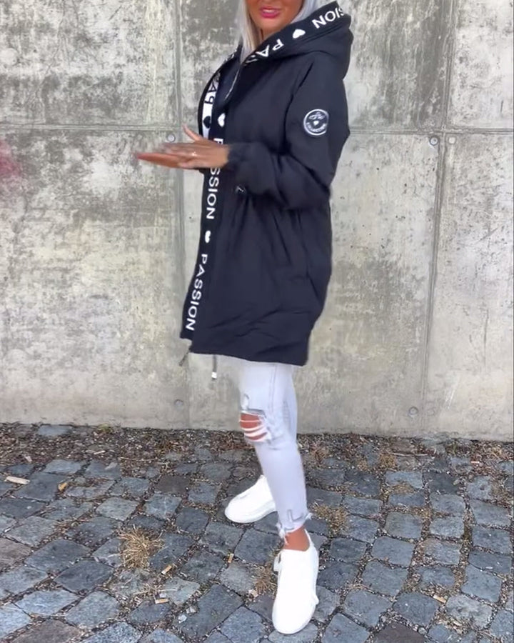 Elizza Casual coat with hood and drawstring in letter pattern