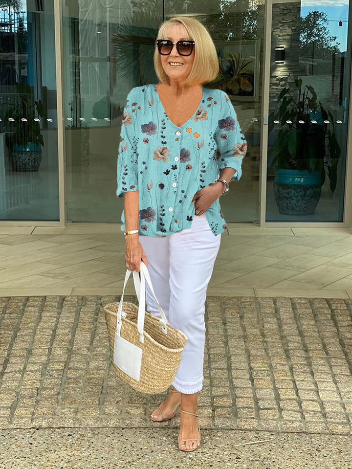 Bella | Floral Top in Cotton and Linen